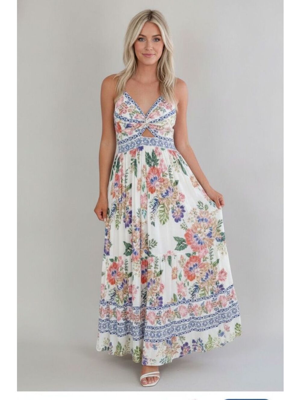 Angie White Floral Maxi Dress with Blue Trim
